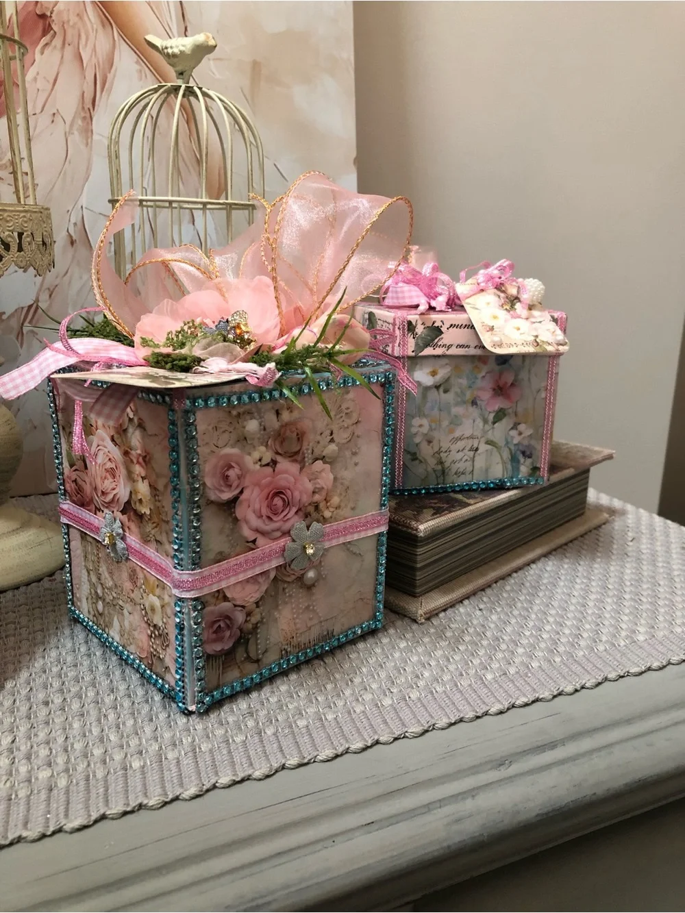Hand Crafted Pink Floral Decor Gift Boxes with Blue Trim - Picture 10 of 14